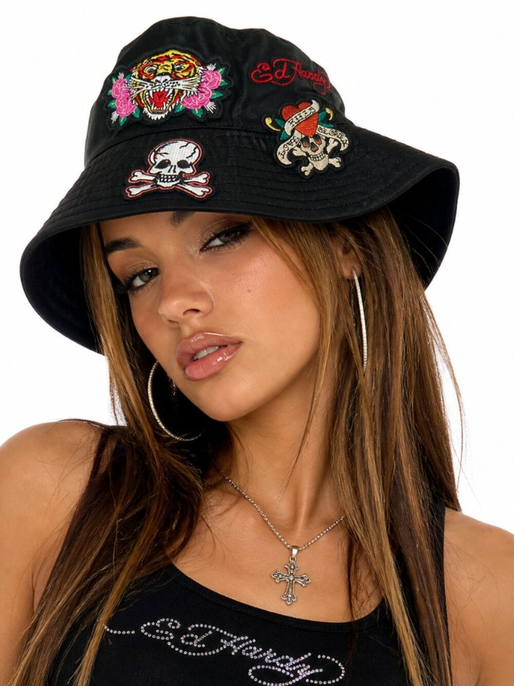 Ed Hardy NWT Tiger's Heart Bucket Hat Black Skull Patches Y2K Don Ed Hardy